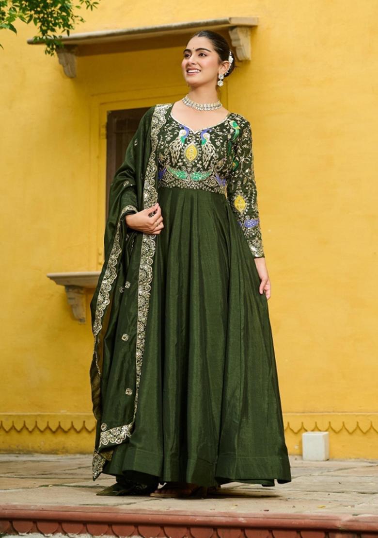 Mehendi Green Embroidered Silk Blend Anarkali With Dupatta - Indya