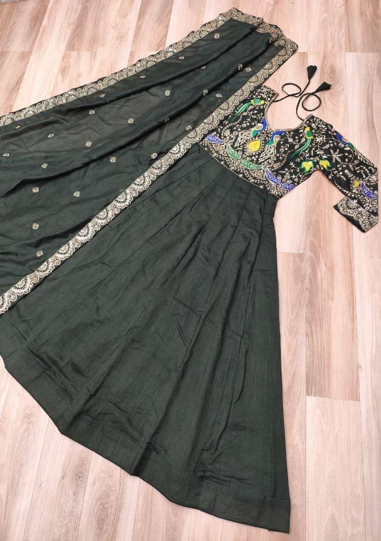Mehendi Green Embroidered Silk Blend Anarkali With Dupatta - Indya
