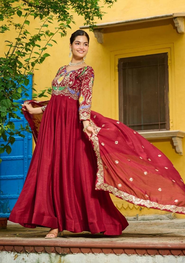 Maroon Embroidered Silk Blend Anarkali With Dupatta - Indya