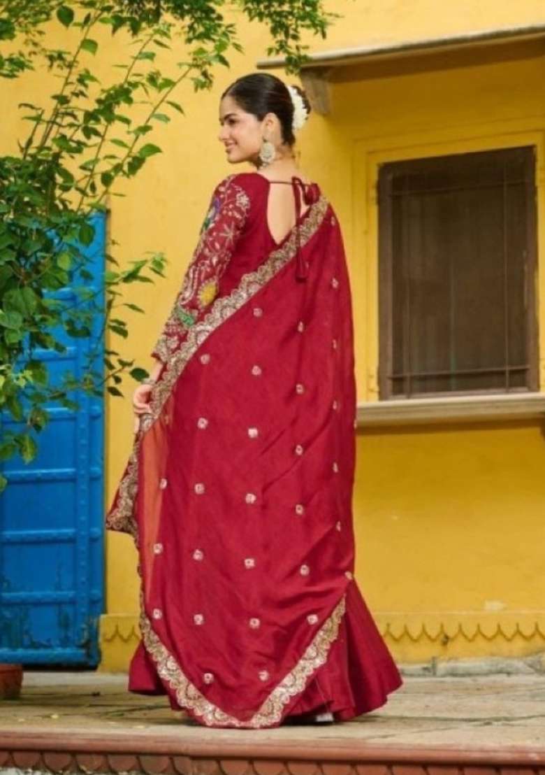 Maroon Embroidered Silk Blend Anarkali With Dupatta - Indya