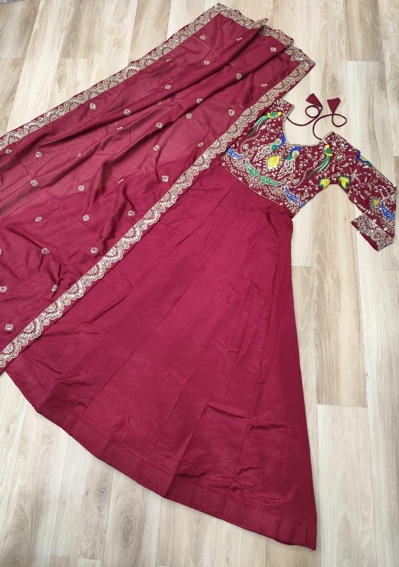 Maroon Embroidered Silk Blend Anarkali With Dupatta - Indya