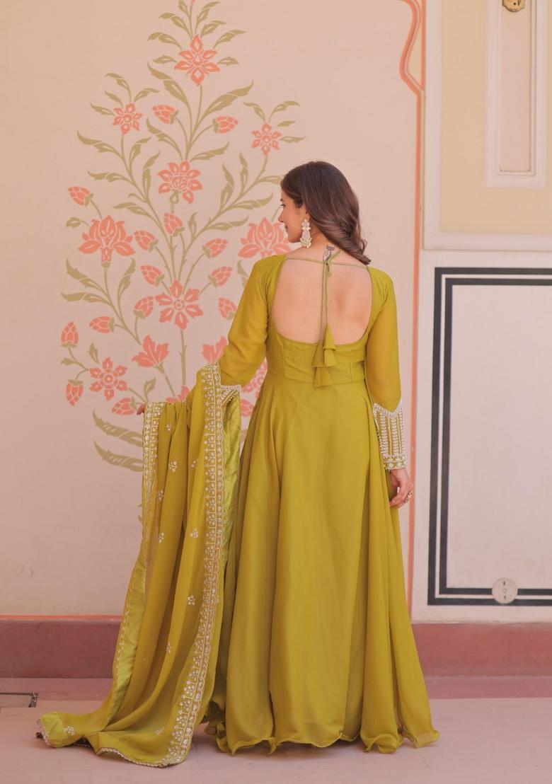 Mustard Sequin Georgette Anarkali With Dupatta - Indya