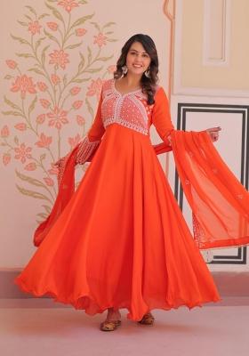 Orange Sequin Georgette Anarkali With Dupatta