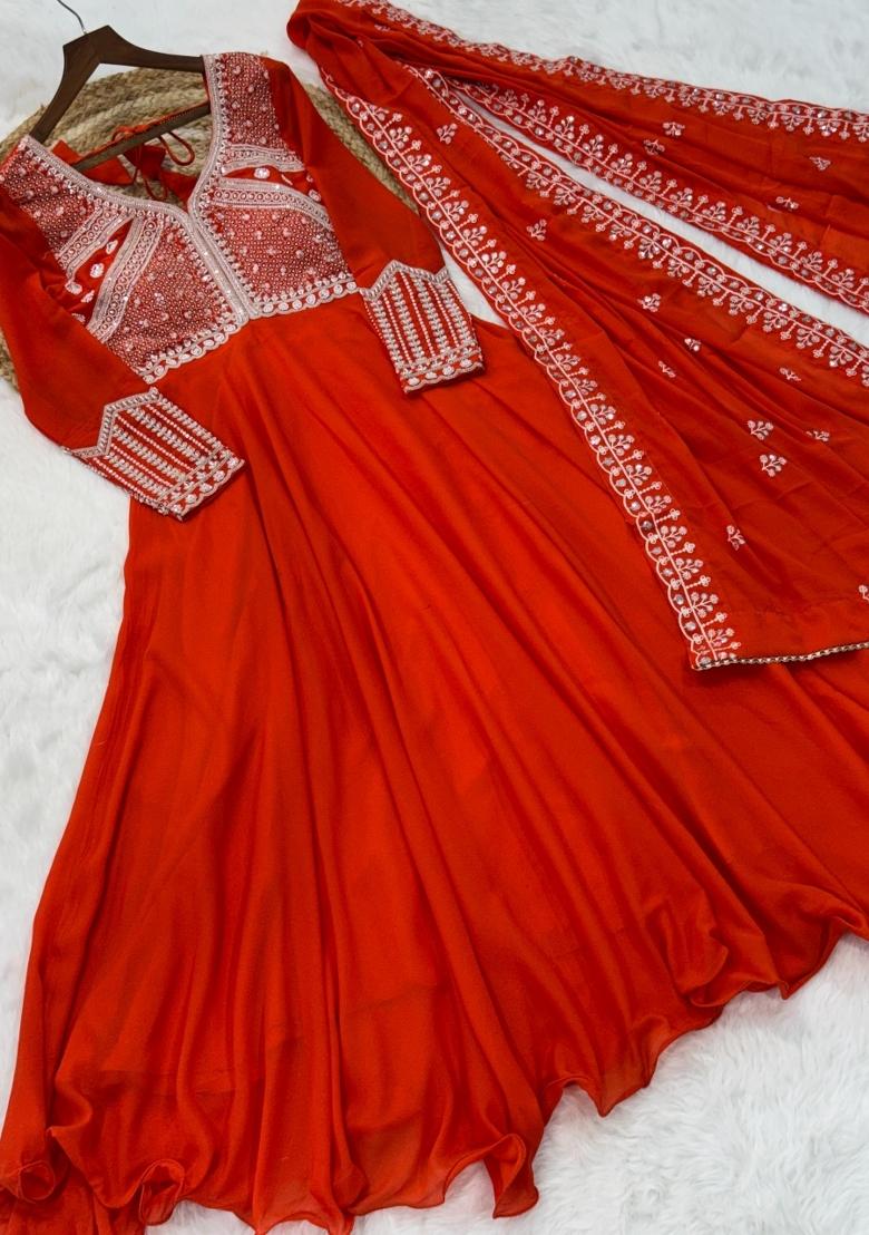 Orange Sequin Georgette Anarkali With Dupatta - Indya