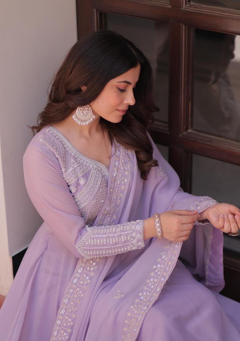 Lavender Sequin Georgette Anarkali With Dupatta - Indya