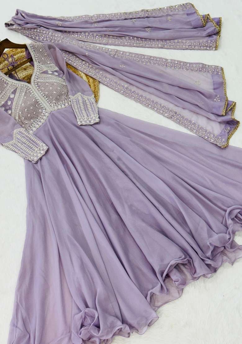 Lavender Sequin Georgette Anarkali With Dupatta - Indya