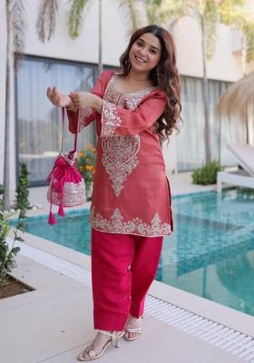 Peach Sequin Viscose Kurta Set