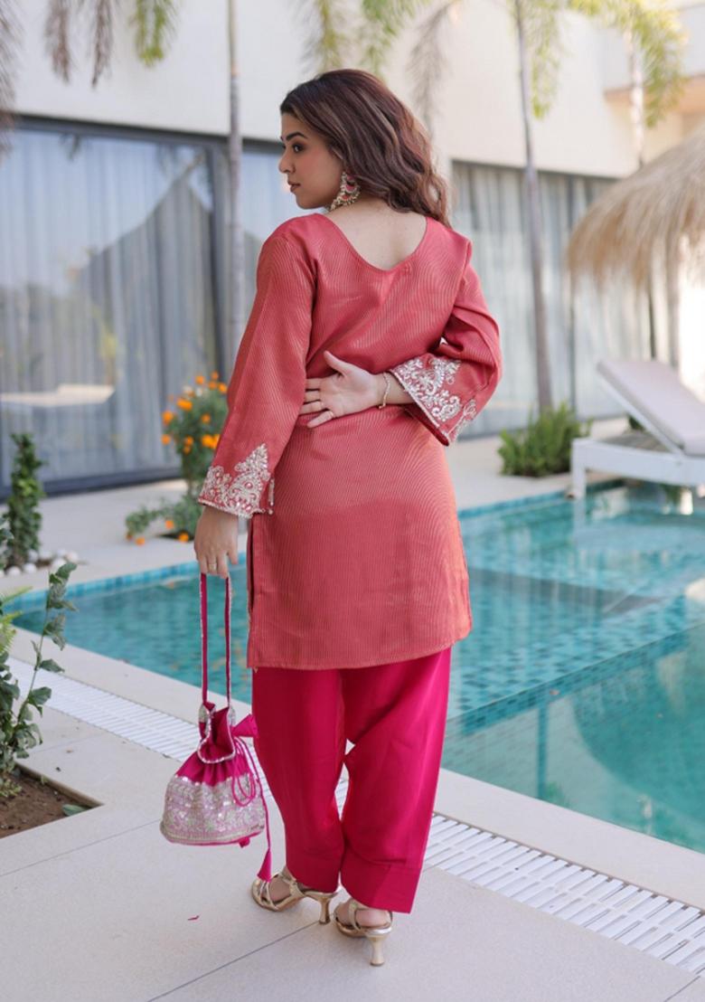 Peach Sequin Viscose Kurta Set - Indya