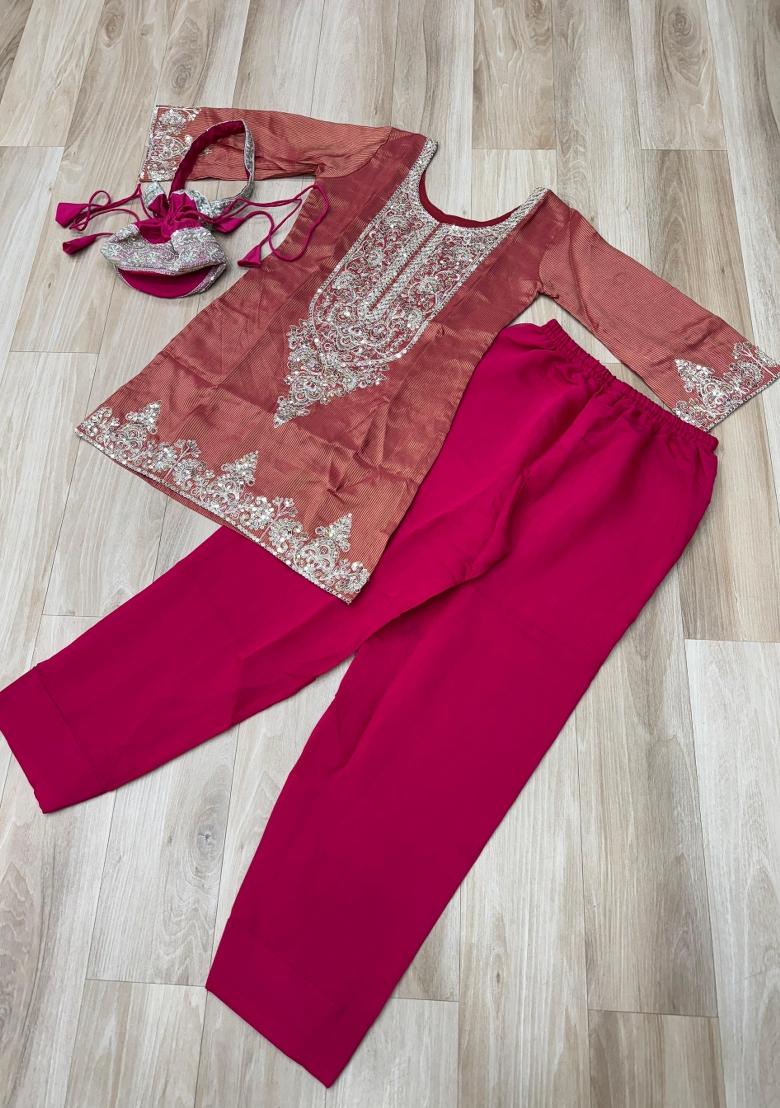 Peach Sequin Viscose Kurta Set - Indya