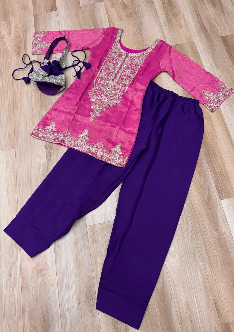 Pink Sequin Viscose Kurta Set - Indya