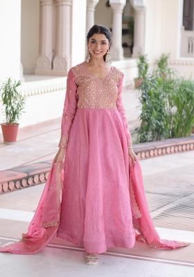 Pink Sequin Silk Blend Anarkali With Dupatta