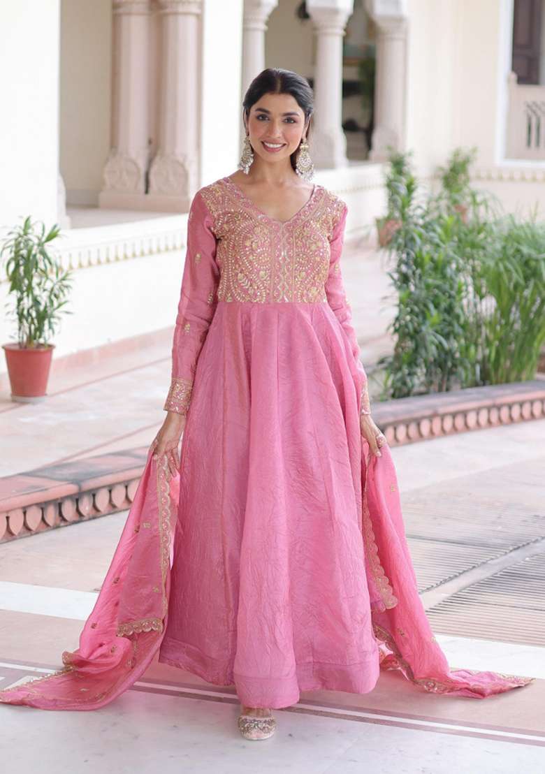 Pink Sequin Silk Blend Anarkali With Dupatta - Indya