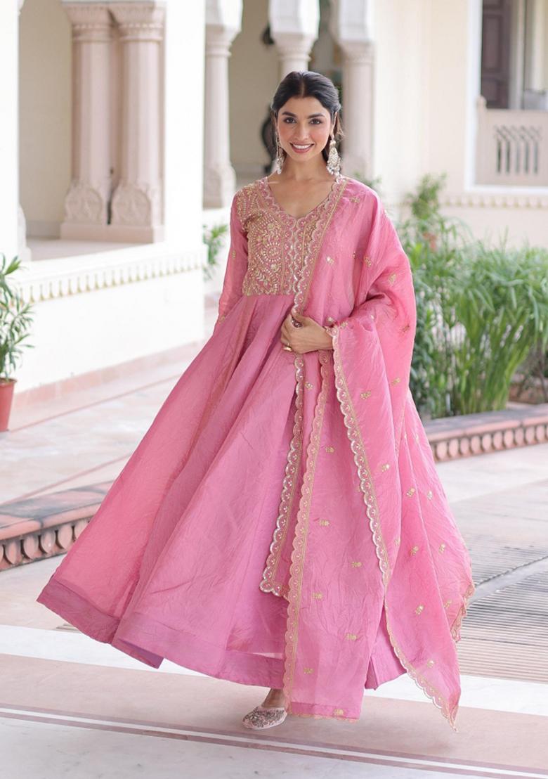 Pink Sequin Silk Blend Anarkali With Dupatta - Indya
