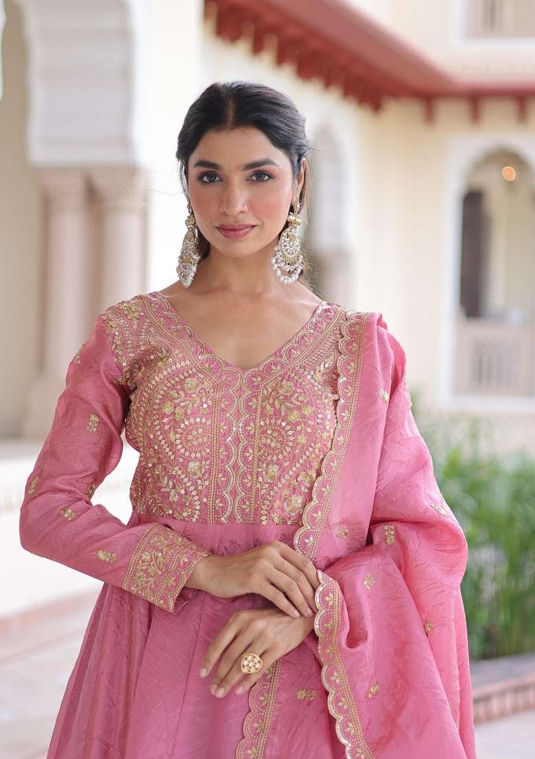 Pink Sequin Silk Blend Anarkali With Dupatta - Indya