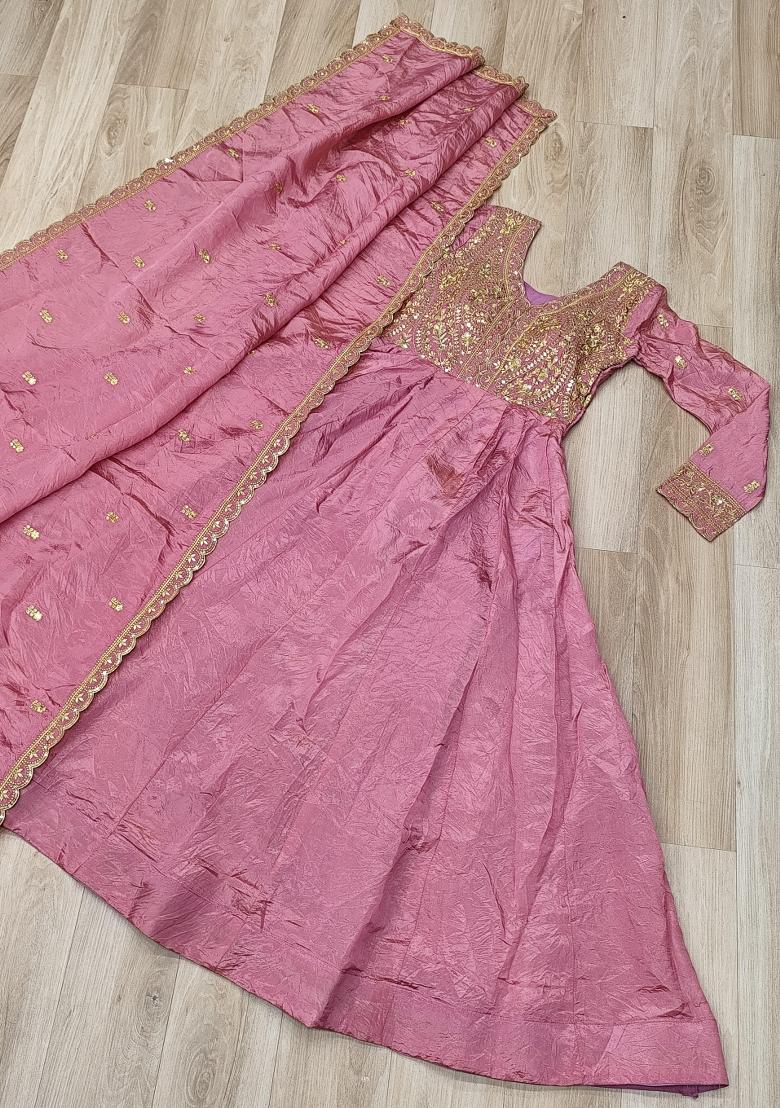 Pink Sequin Silk Blend Anarkali With Dupatta - Indya