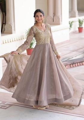 Grey Sequin Silk Blend Anarkali With Dupatta
