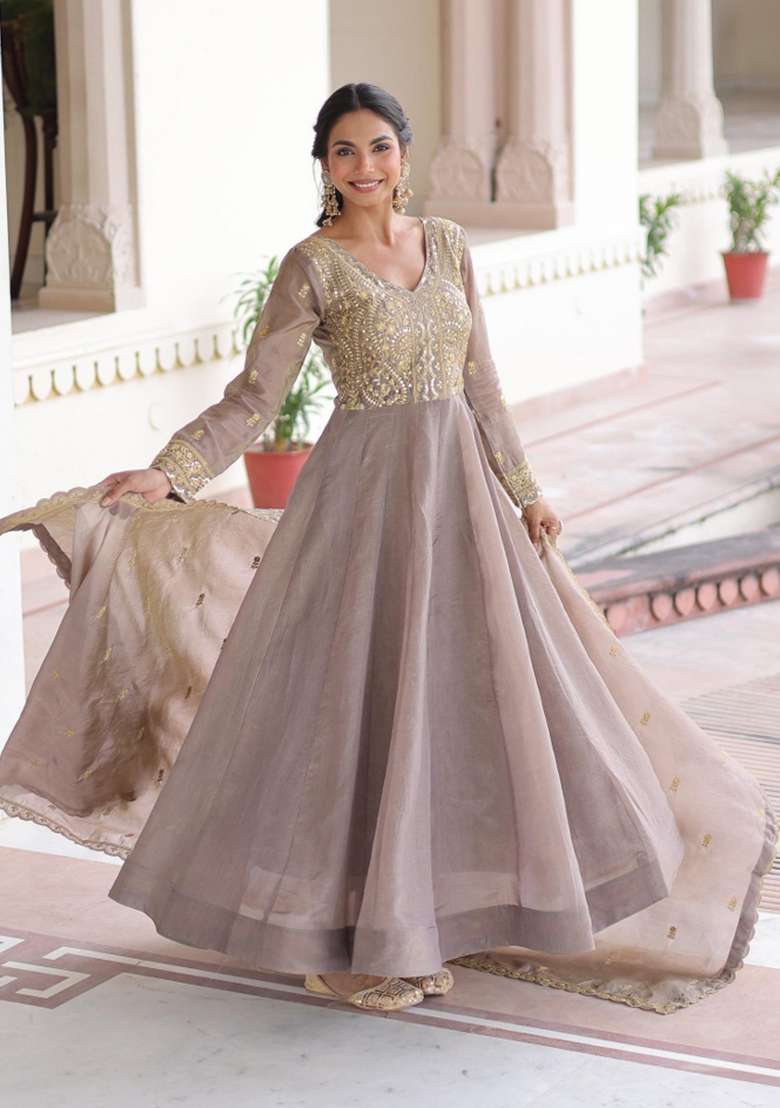 Grey Sequin Silk Blend Anarkali With Dupatta - Indya