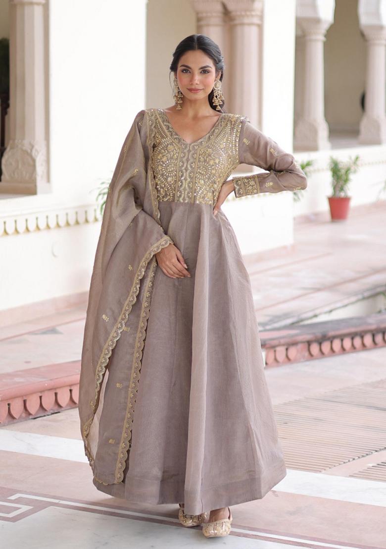 Grey Sequin Silk Blend Anarkali With Dupatta - Indya