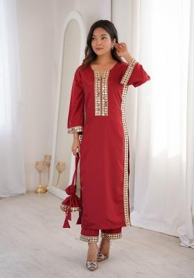 Maroon Mirror Work Crepe Kurta Set