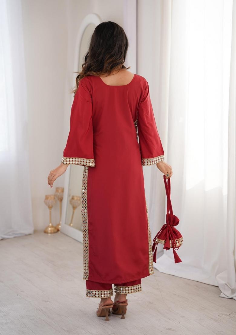 Maroon Mirror Work Crepe Kurta Set - Indya