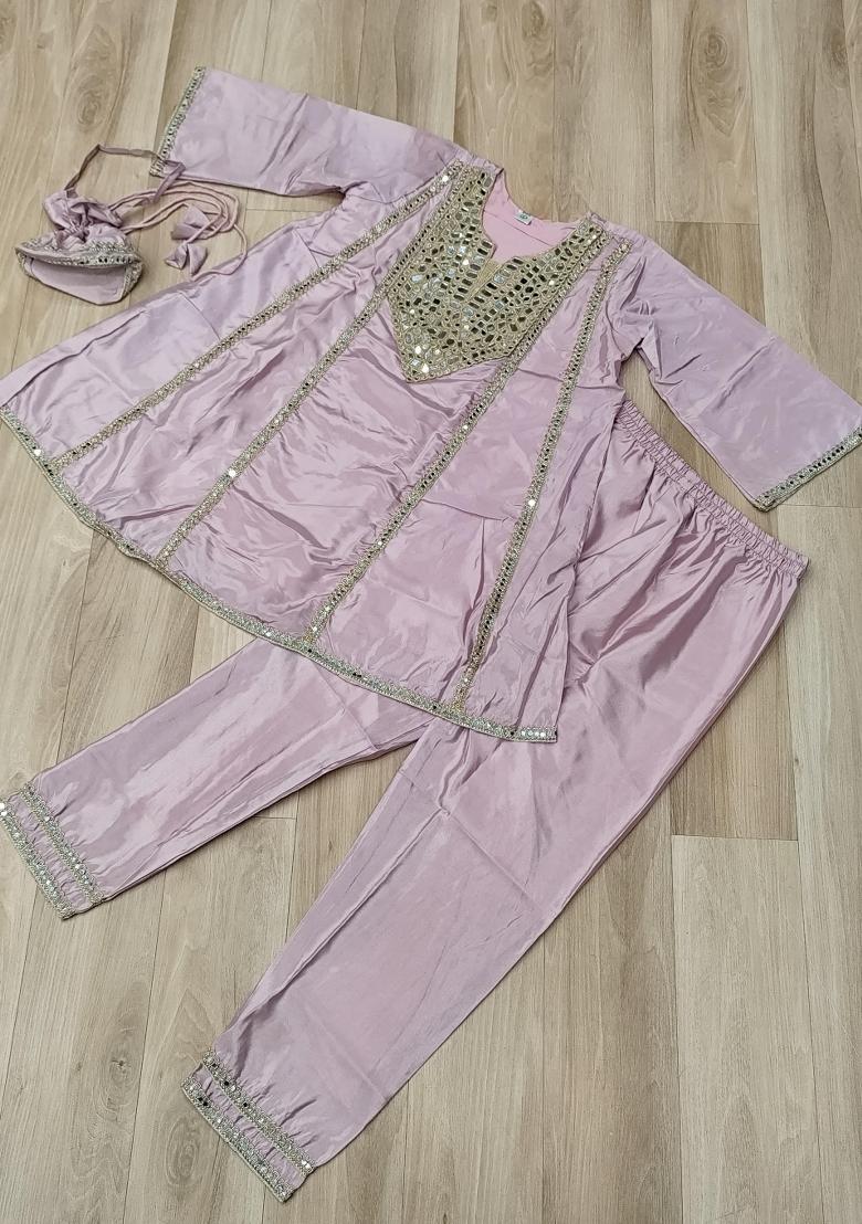 Lavender Embroidered Silk Blend Kurta Set - Indya
