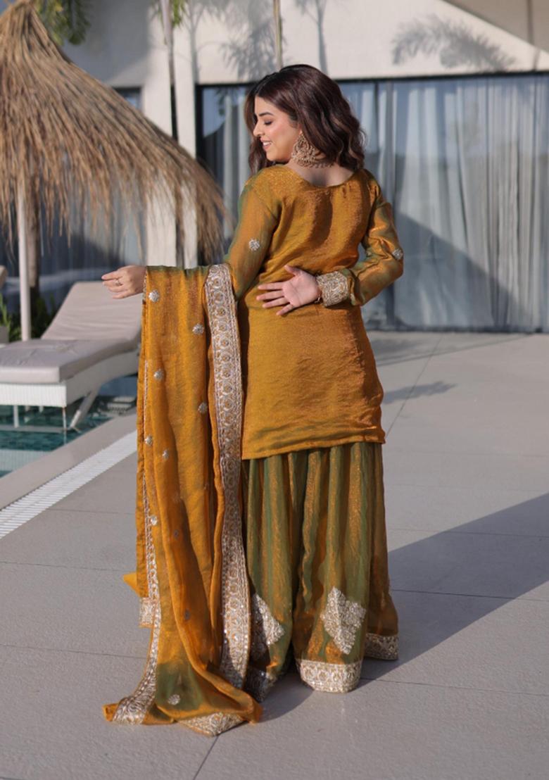 Mehendi Green Embroidered Chiffon Kurta Set - Indya