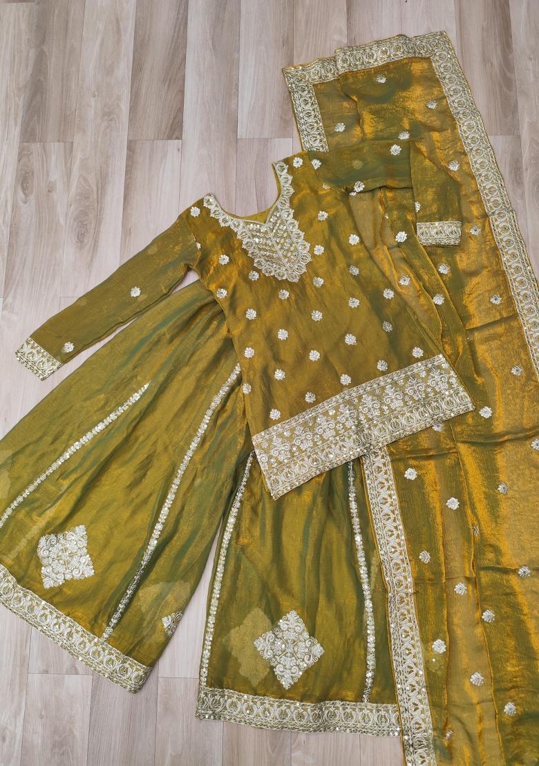 Mehendi Green Embroidered Chiffon Kurta Set - Indya