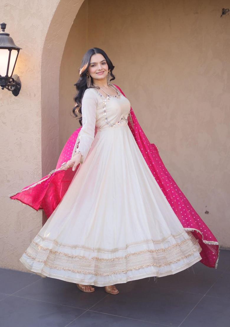 Pink Embroidered Silk Blend Anarkali With Dupatta - Indya