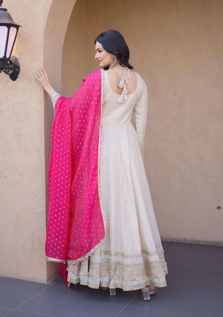 Pink Embroidered Silk Blend Anarkali With Dupatta - Indya