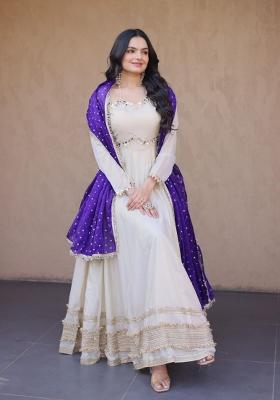 Violet Embroidered Silk Blend Anarkali With Dupatta