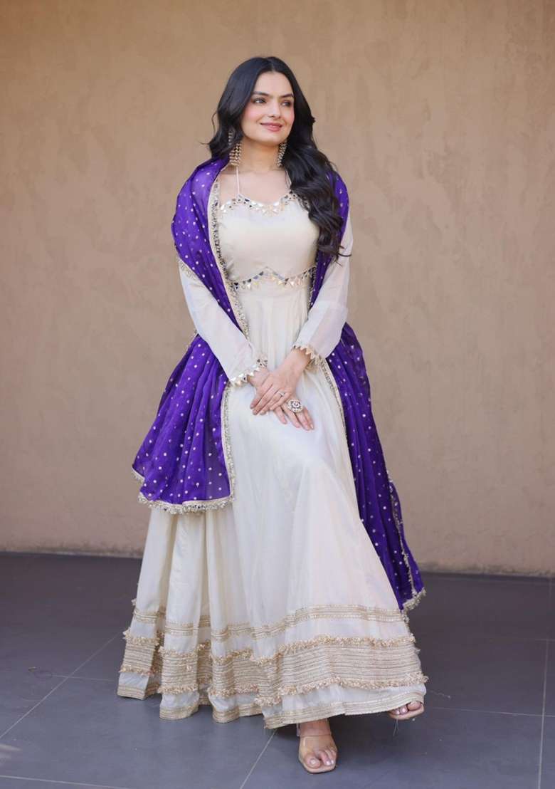 Violet Embroidered Silk Blend Anarkali With Dupatta - Indya