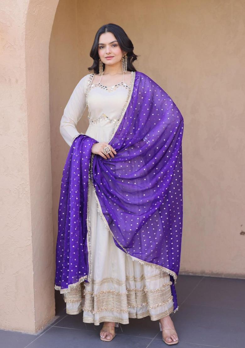 Violet Embroidered Silk Blend Anarkali With Dupatta - Indya
