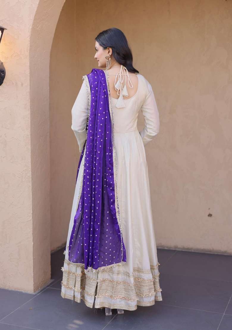 Violet Embroidered Silk Blend Anarkali With Dupatta - Indya