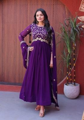 Violet Embroidered Georgette Anarkali With Dupatta