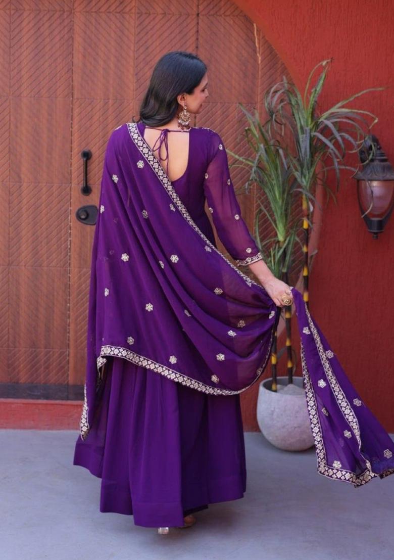 Violet Embroidered Georgette Anarkali With Dupatta - Indya