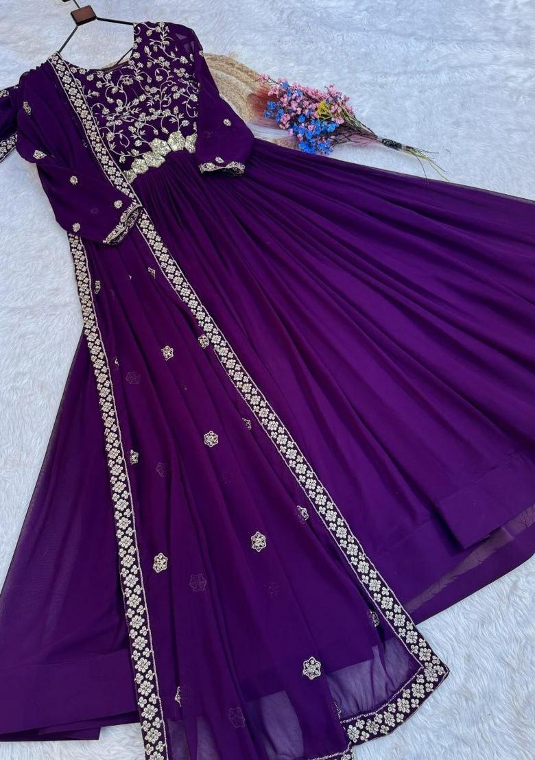 Violet Embroidered Georgette Anarkali With Dupatta - Indya