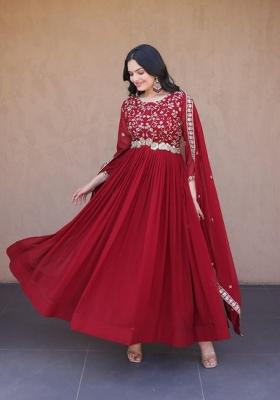 Maroon Embroidered Georgette Anarkali With Dupatta
