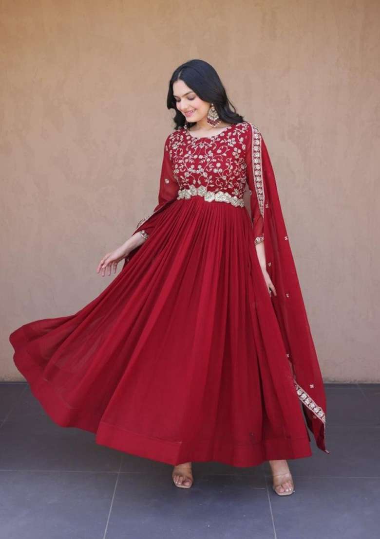 Maroon Embroidered Georgette Anarkali With Dupatta - Indya