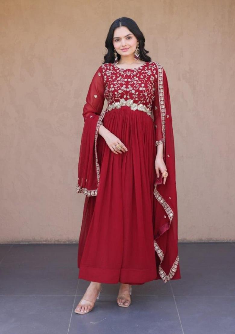 Maroon Embroidered Georgette Anarkali With Dupatta - Indya