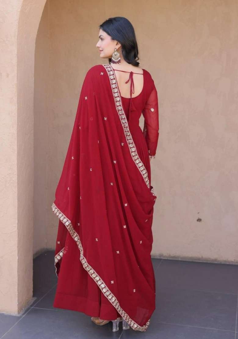Maroon Embroidered Georgette Anarkali With Dupatta - Indya