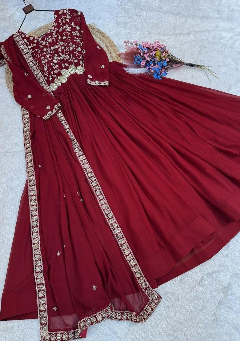 Maroon Embroidered Georgette Anarkali With Dupatta - Indya