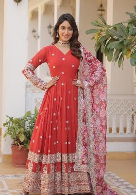 Red Zari Work Georgette Anarkali With Dupatta