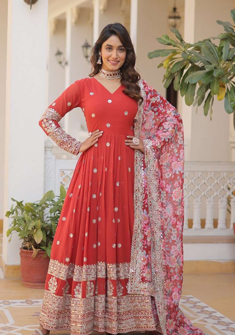 Red Zari Work Georgette Anarkali With Dupatta - Indya