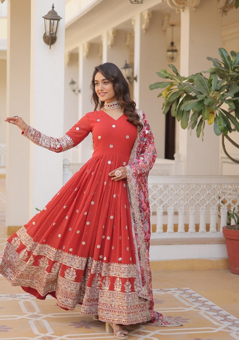 Red Zari Work Georgette Anarkali With Dupatta - Indya