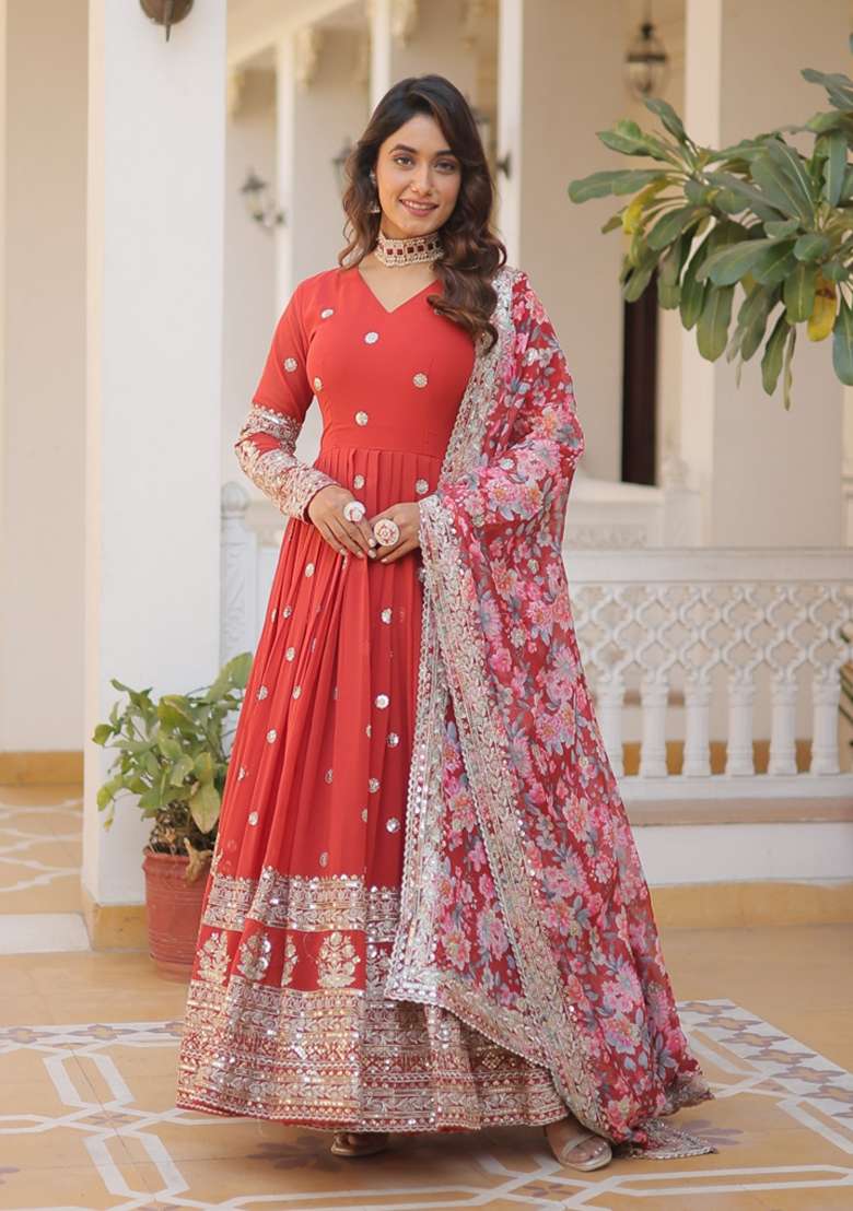 Red Zari Work Georgette Anarkali With Dupatta - Indya