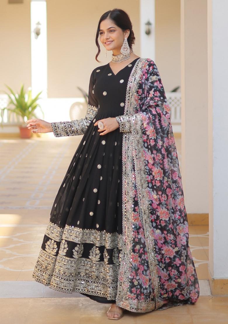 Black Zari Work Georgette Anarkali With Dupatta - Indya