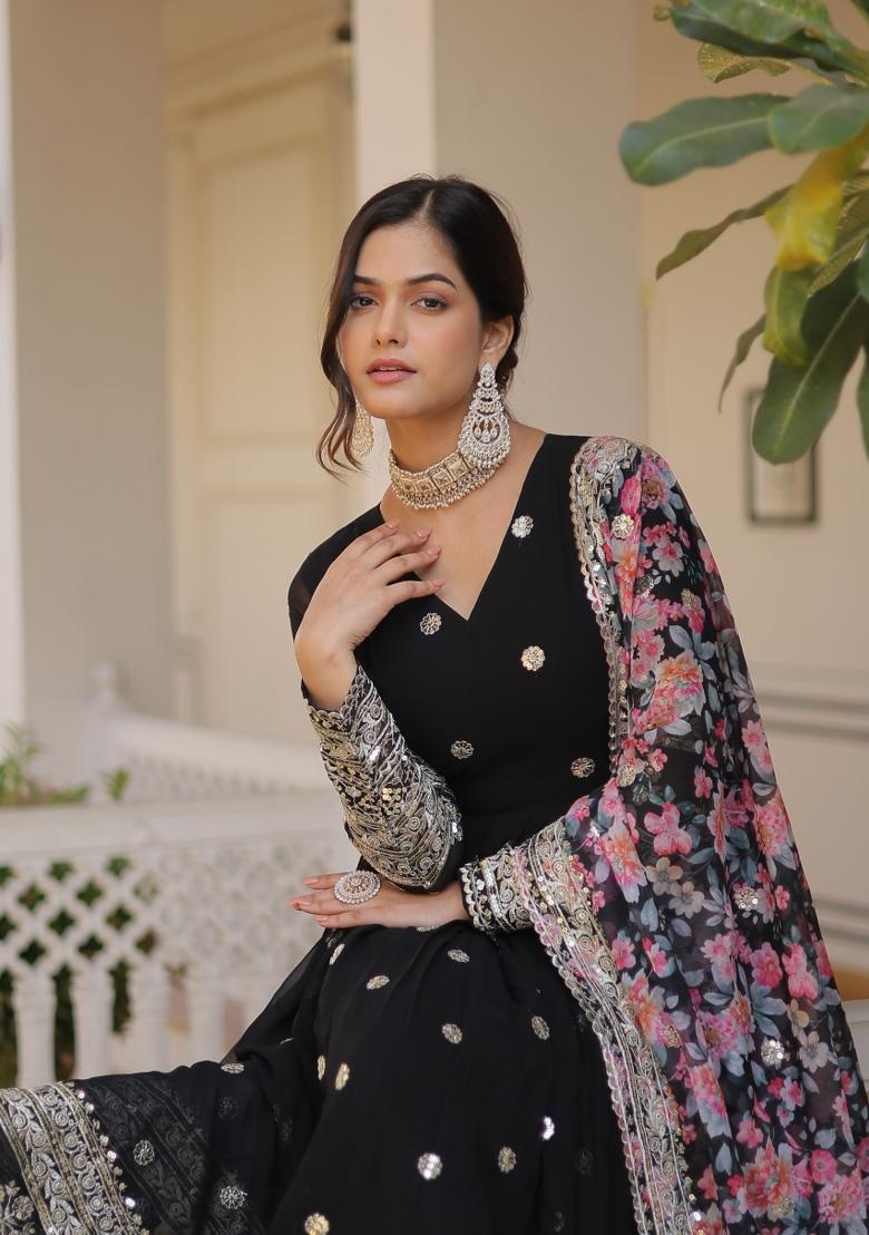 Black Zari Work Georgette Anarkali With Dupatta - Indya