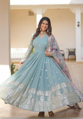 Sky Blue Zari Work Georgette Anarkali With Dupatta