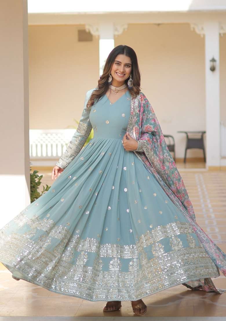 Sky Blue Zari Work Georgette Anarkali With Dupatta - Indya