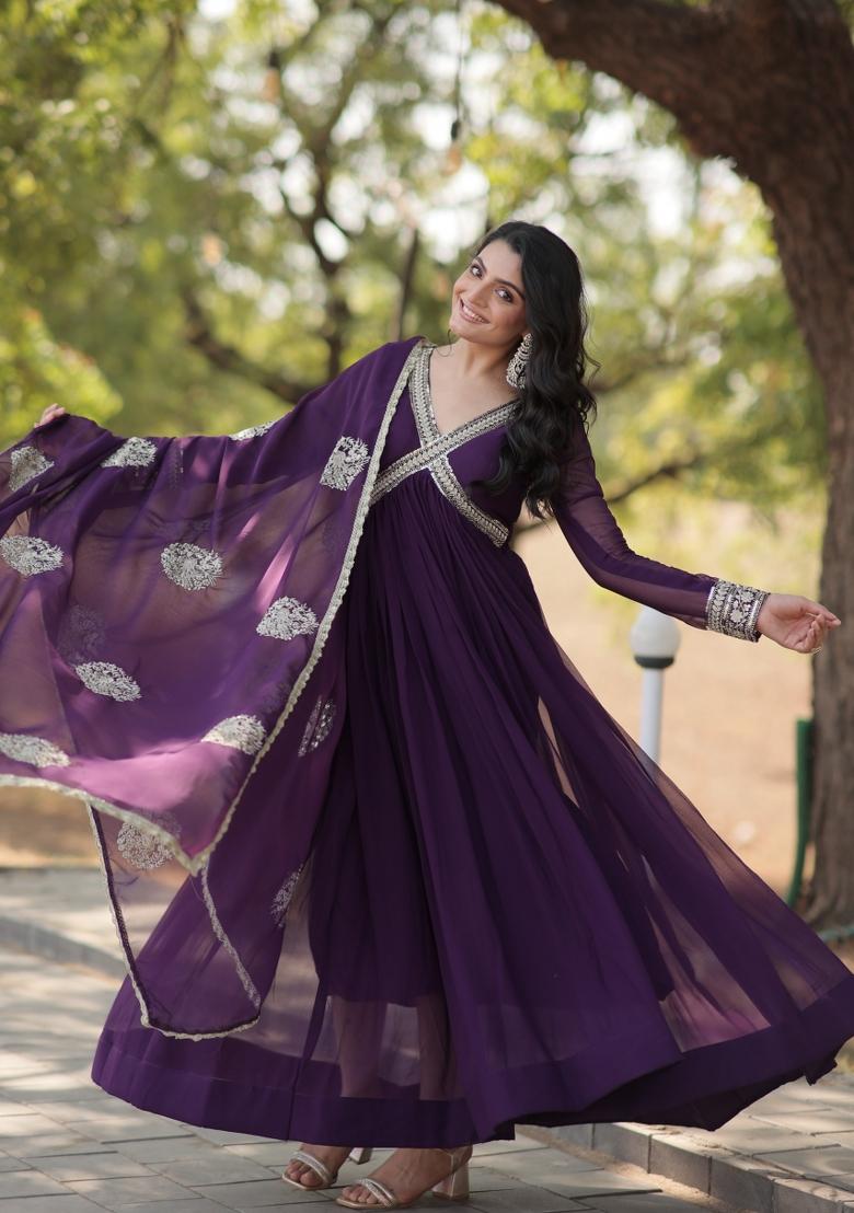 Violet Zari Work Georgette Anarkali With Dupatta - Indya
